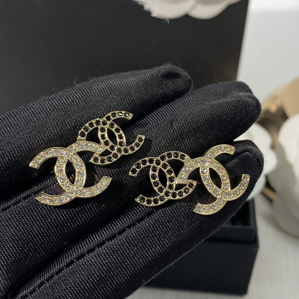 Chanel Double Stud Double C Cubic Zirconia Gold Earrings