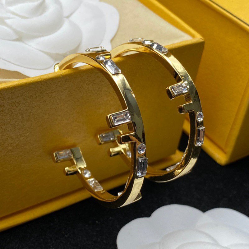 Fendi FF Logo Hoop Earrings Gold Diamond