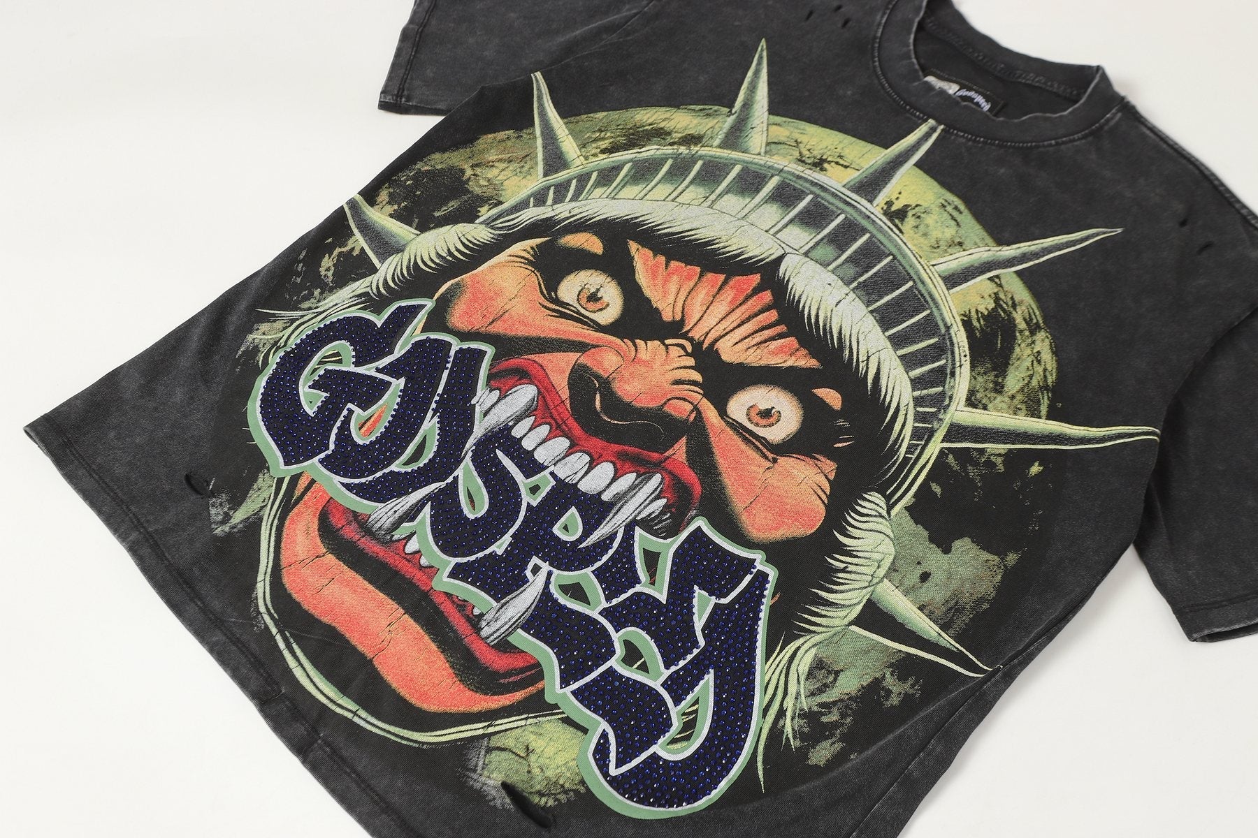 Godspeed Distressed Rhinestone Graphic T-Shirt — detail