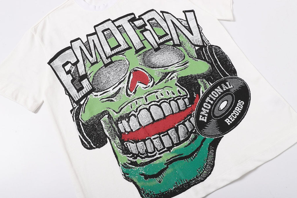 MIXED EMOTION Skull Headphones Graphic Short-Sleeve T-Shirt — detail