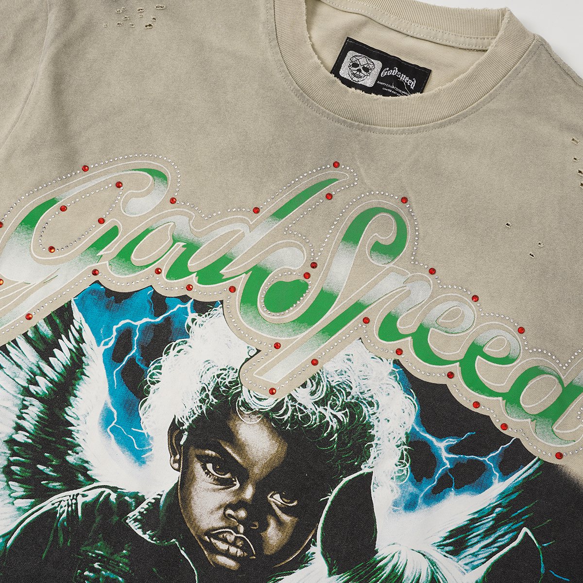 Godspeed Distressed Rhinestone Short-Sleeve Graphic T-Shirt — detail