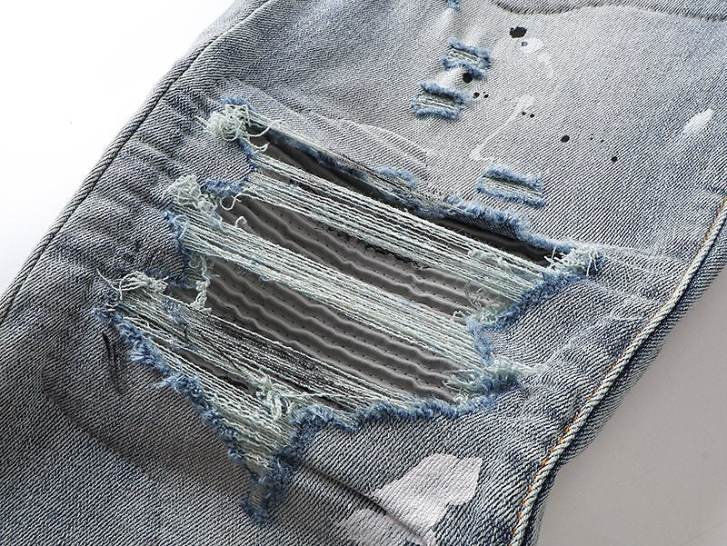 AMIRI Light Blue Distressed Paint Splatter Jeans — detail