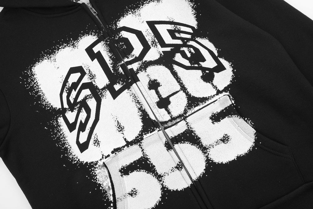Sp5der Distressed Front Graphic Zip-Up Hoodie — detail