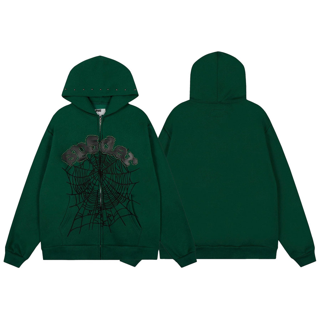Sp5der Spiderweb Graphic Zip Hoodie & Sweatpants Matching Set — front